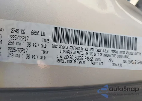 2016 Chrysler Town & Country Touring from USA, damaged, VIN 2C4RC1BGXGR164502